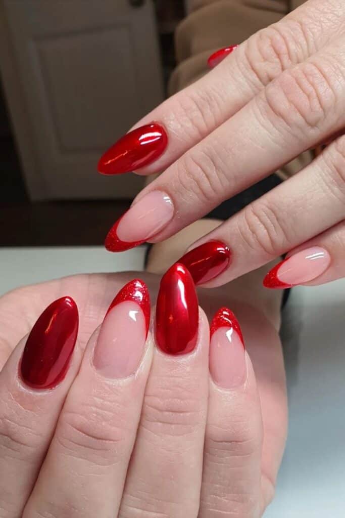 red french tip nails almond design
