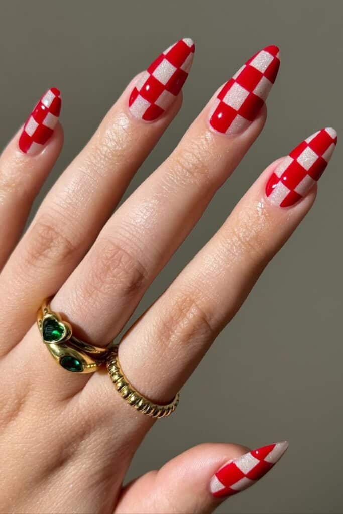 red and white checkered nails design