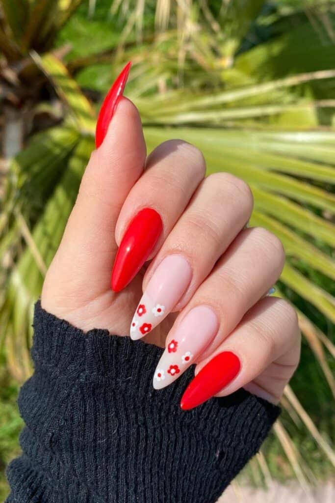 red nails white flower design