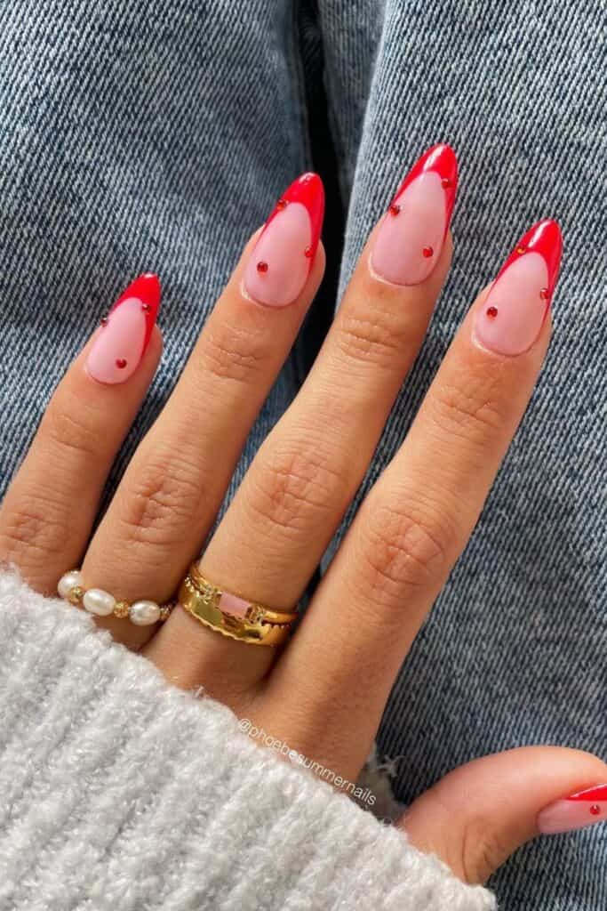 red french tip nails bling design
